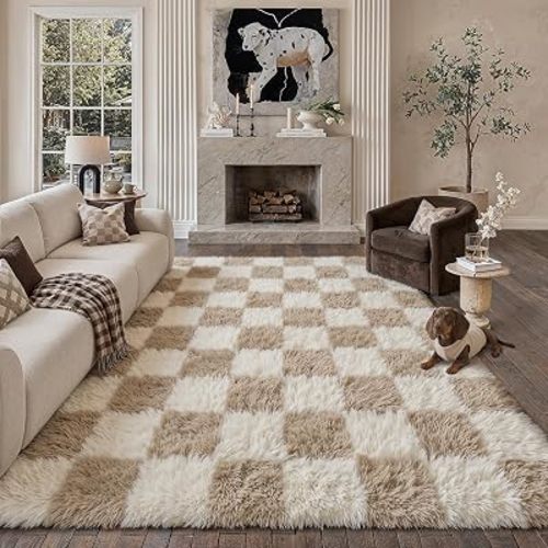 PureCozy Beige 8x10 Area Rug for Living Room Soft Checkered Shag Carpet