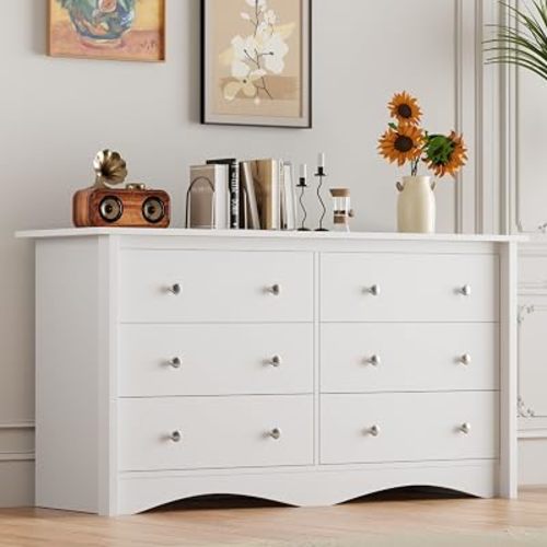 Furmax Dresser for Bedroom, 6 Wood Dresser, Chest of Drawers, for TV up to 65 inch, TV Stand Storage Chest of Drawers for Hallway Entryway (White)