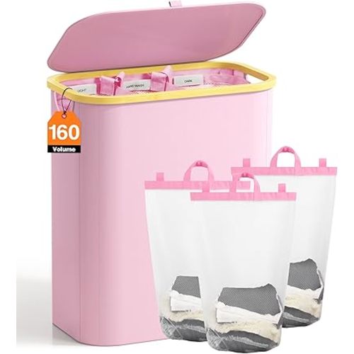 Hampers for Laundry Basket with Lid, 160L Extra Large 3 Section Clothes Divided Organizer for Bedroom, Laundry Room, Dirty Clothing Hamper, Pink