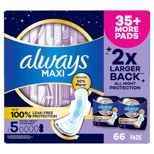 Always Maxi Overnight Pads with Wings for Women, Size 5, Extra Heavy Overnight Absorbency, Unscented, 66 ct