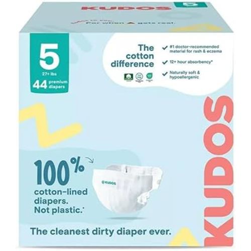 Kudos Chlorine Free Premium Diapers, Cotton-Lined - Size 5, 44 Count - 27+ lbs