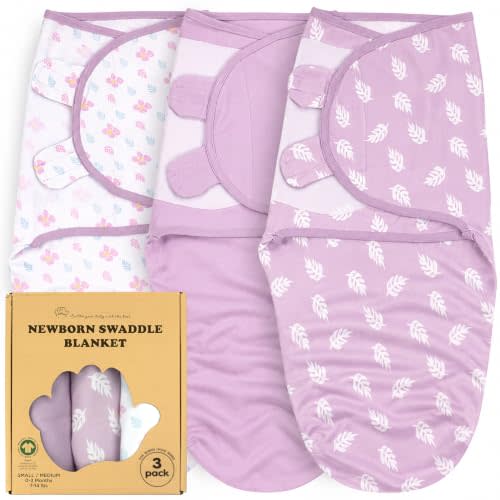 Newborn Swaddle Blanket 3-Pack, S/M 0-3 Months, GOTS Certified Organic Cotton, Adjustable Hook-and-Loop Wrap, Soft Breathable Sleep Sack, Reduces Startle Reflex for Boys & Girls