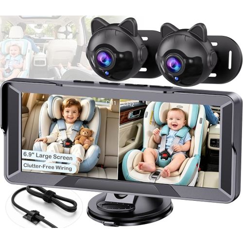 Dual Baby Car Camera for 2-Kids: 6.9" Large Split-Screen for Two Car Seats
