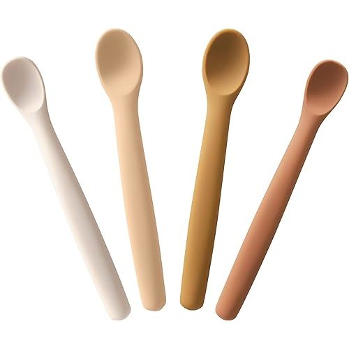 Moonkie Silicone Baby Spoons Set of 4, Two Sizes Feeding Spoon for First Stage 4+ Months, Baby Utensils, Toddler Led Weaning Spoons, Bendable, Chewproof & Boil-proof(Without Case)