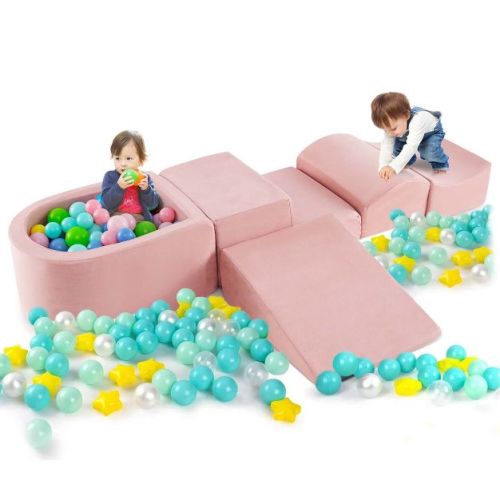 Costway 5PCS Climb and Crawl Playset with Ball Pit for Kids Zippers for Playroom Gray/Pink