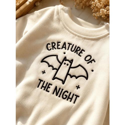 Creature Of The Night Embroidered Baby Romper, Cute Bat Halloween Baby Outfit, Spooky Baby Bodysuit, Fall Baby Gift