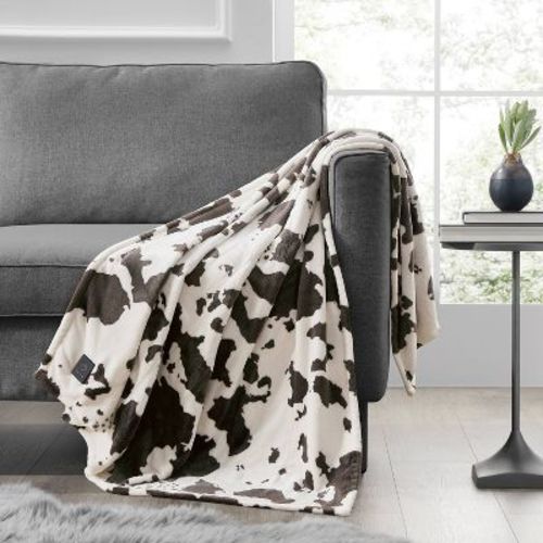Brookstone Heated Printed Plush Cow Warm Gray
