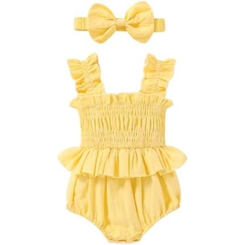 YOUNGER TREE Baby girl Romper Infant Summer Clothes Ruffle Sleeveless One Piece Bodysuit with Bow Headband Newborn Jumpsuit