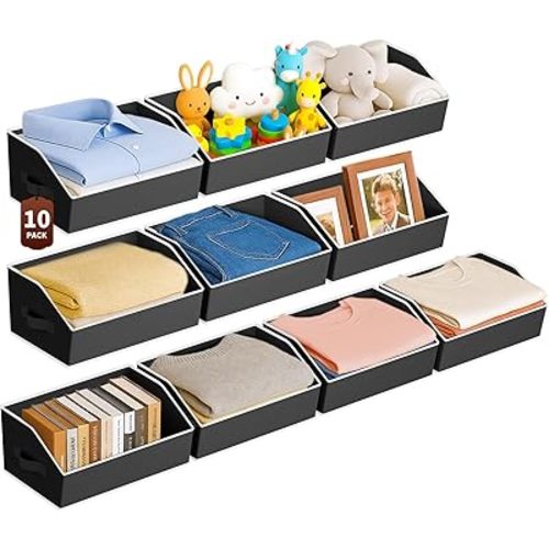 Large Storage Bins for Organizing - 10 Pack Trapezoid Organizing Bins, Foldable Fabric Baskets with Handles for Home Organization, Ideal for Closet, Basket and Shelf Storage, Black