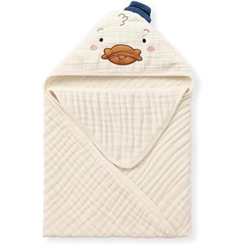 Blissful Diary Muslin Baby Hooded Towel 1 Pack, Soft & Absorbent Bath Towel for Infant, Toddler, Unisex, Baby Gift, Newborn Essentials, Dapper Duck