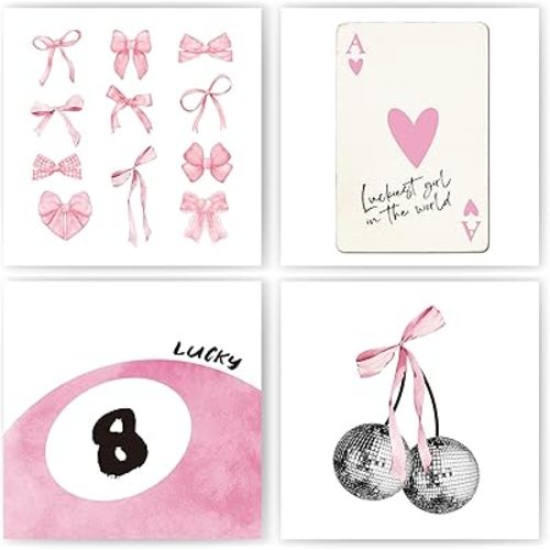 okaxscm Pink Coquette Trendy Preppy Wall Art Prints Set of 4, Coquette Room Decor, Preppy Room Decor Aesthetic, Pink Bow Disco 8 Ball Cherry Wall Decor Posters for Girls Bedroom Dorm, 10x10 Unframed