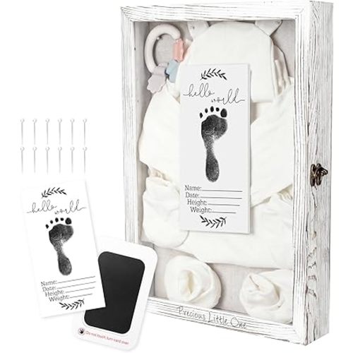 Jetec 12 x 16 Baby Shower Shadow Box Large Baptism Gift Baby Keepsake Box with Linen Back Hello World Newborn Sign Ink Pad Wood Memory Frame Case for Gender Reveal New Dad Mom Keepsake(Vintage White)