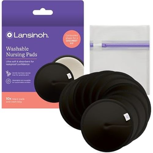 Lansinoh Washable Nursing Pads, Black, Made with Organic Bamboo Viscose, Reusable Breast Pads for Breastfeeding, Includes Wash Bag, 10 Count