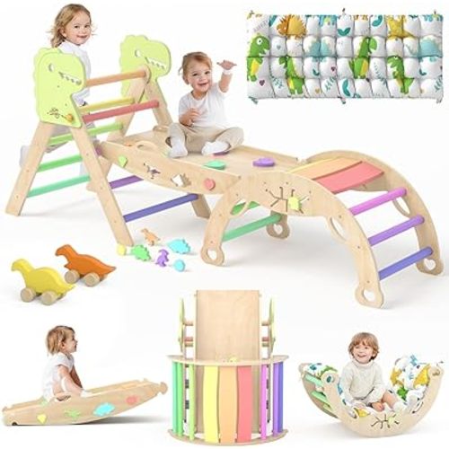 Pikler Triangle Set with Cushion 9 in 1 Climbing Toys for Toddlers 1-3 Indoor Baby Climbing Gym Toddler Montessori Toys Wooden Climbing Toys with Maze Toys, Shape Sorting Toys, Dinosaur Car