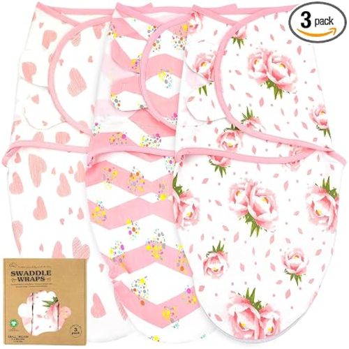 Newborn Swaddle Blanket 3-Pack, S/M 0-3 Months, GOTS Certified Organic Cotton, Adjustable Hook-and-Loop Wrap, Soft Breathable Sleep Sack, Reduces Startle Reflex for Boys & Girls