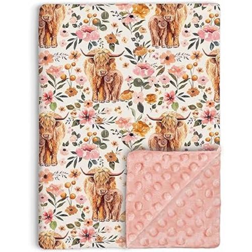 Highland Cow Baby Blanket for Girls, Boho Floral Farmhouse Highland Cow Toddler Soft Minky Blanket with Double Layer Dotted Backing, Nursery Newborn Baby Crib Receiving Blanket Western Cow, 30"x40"