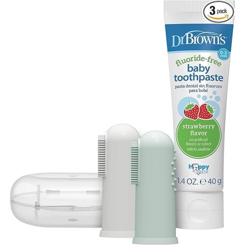 Dr. Brown's 100% Silicone Baby Finger Toothbrush and Toothpaste Set, 2-Pack Toothbrush with Storage Case, Fluoride-Free Strawberry Toddler Toothpaste, Gray & Light-Green