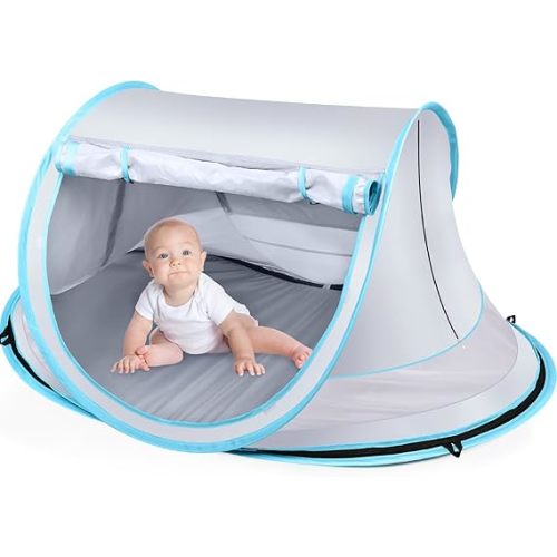 Kapeazo Baby Beach Tent, Pop Up UV Sun Shade for Infant Toddlers (Gray) | Portable Baby Beach Essentials, Sun Shelter for Travel, UPF 50+, Breathable Mesh, Infant Sleeping Tent for Parks and Camping