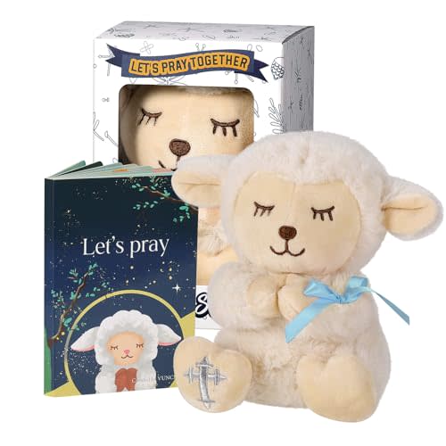 VUNCESSIN Baptism Gifts for Baby Boys with 7'' Cute Plush Lamb and Pray Book, Baptism, Dedication and Christening Gift Set for Boys in Keepsake Box.