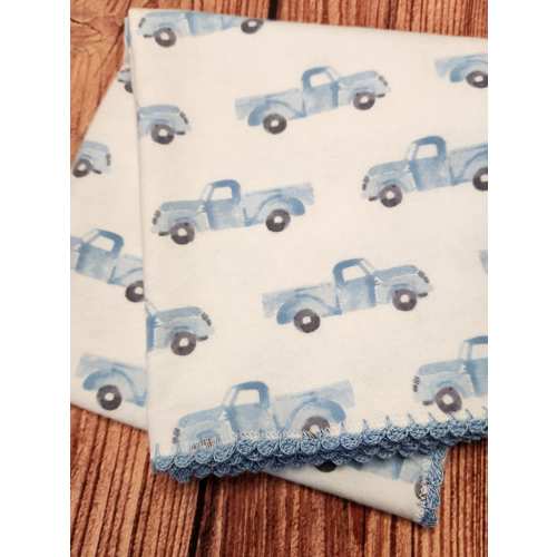 Baby Boy, Blue, Truck, Flannel, Receiving Blanket, Handmade Crocheted Edging, Personalized Baby Gift, Baby Shower, Embroidered, New Baby