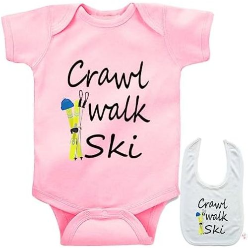 Crawl Walk Ski -Cute Snow Skiing winter sports Baby bodysuit onesie & bib Set