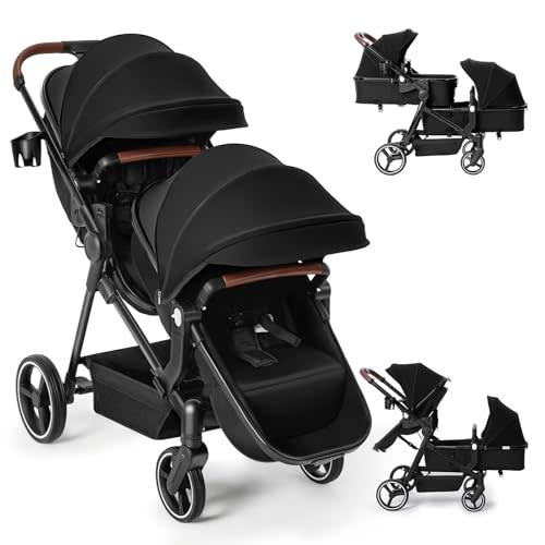 Double Stroller Newborn and Toddler, Foldable Tandem Twin Baby Travel Stroller, Reversible Seat, 5-Point Harness, Adjustable Backrest, Storage Basket/Cup Holder, for 0-36 Months
