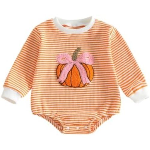 Halloween Baby Girl Outfit Waffle Knit Pumpkin Bow Onesie Newborn Long Sleeve Bubble Romper Fall Winter Clothes