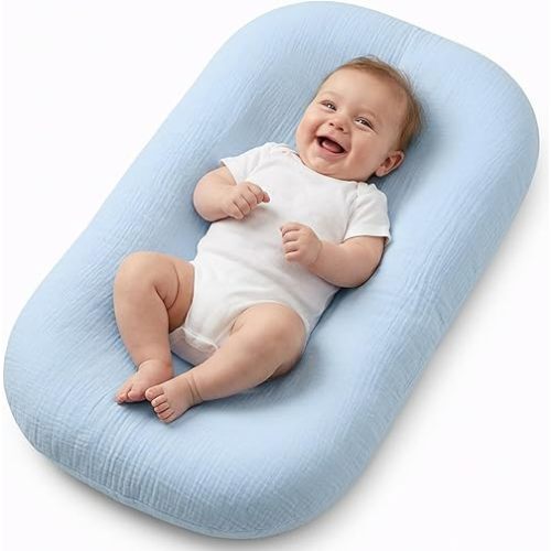 Infant Support Mat, Muslin Cotton Cover, Supportive Tummy Time Mat for Supervised Awake Use, Lightweight Portable Baby Activity Mat (0-24 Months), Blue