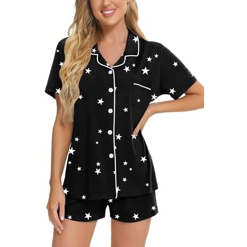 SWOMOG Womens Button Down Pajamas Set Short Sleeve Sleepwear Bride Soft Pj Lounge Sets XS-3XL