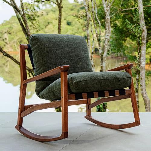 Grain Wood Furniture Solid Wood Mid Century Rocking Chair with Moss Green Cushions