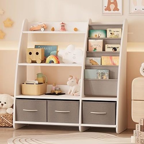 NACHES Kids Bookshelf and Toy Storage Organizer, Montessori Nursery Book Shelves with Sling Rack & Fabric Toy Bins, Toddler Baby Bookcase, Wooden Toy Shelf for Kids Room, Playroom, Sail-White