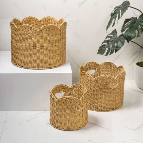 happimess Maris Contemporary Cottage Resin/Metal Scalloped Edge Nesting Storage Baskets with Handles, Natural (Set of 3)