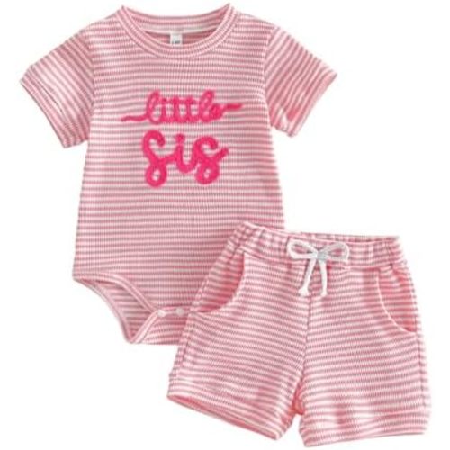 allshope Newborn Baby Girl Summer Outfit Romper Little Sister Lil Sis Embroidery Jumpsuit Tops Shorts Infant Waffle Clothes