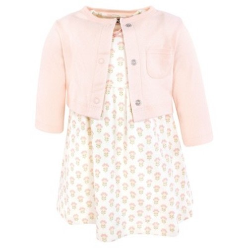 Hudson Baby Infant and Toddler Girls Cotton Dress and Cardigan Set, Soft Ditsy Floral, 6-9 Months