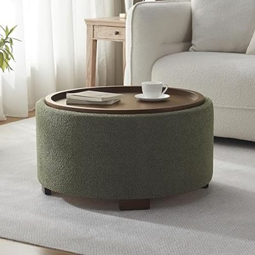 Zihanhome 30 Inch Round Storage Ottoman, Ottoman Coffee Table with Lift Off Lid, Boucle Modern Ottomans with Storage for Living Room, Bedroom, Apartments (Green)