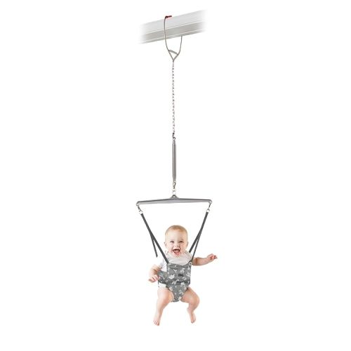 Jolly Jumper Iconic (Grey Safari), Doorway Baby Jumper, Indoor Exercise Saddle Seat, Adjustable Height, for Infants up to 28lbs, Black, No Stand Required