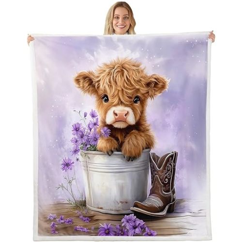 Erosebridal Cartoon Cow Plush Sherpa Blanket Baby 30"x40" Highland Cows Fleece Throw Blanket for Kids Girls Daisy Floral Wood Boots Rustic Purple White Warm Plush Room Decor