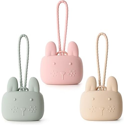 ROCCED Pacifier Holder Case Silicone Bunny Design Pacifiers Pouch with Soft Silicone Strap, Travel Storage for Stroller & Diaper Bag, Pacifier Holder Pouch for Baby, Set of 3 Beige Dusty Green Pink