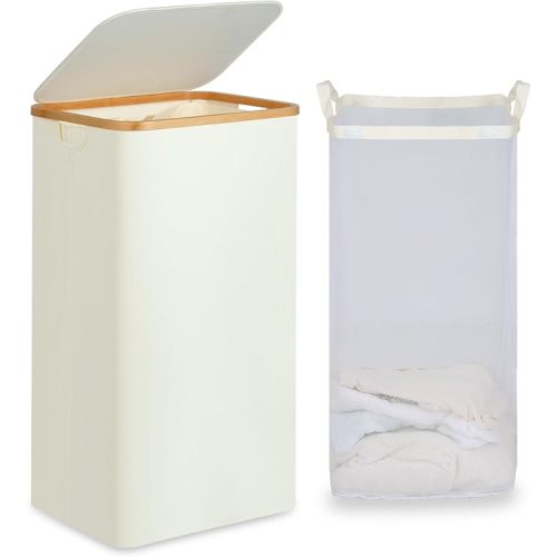 efluky 100L Laundry Basket with Lid and Net Bag, Tall Laundry Hamper with Bamboo Handles, Aesthetic Dirty Clothes Bin for Laundry Room, Bathroom, Bedroom and Dorm, Black