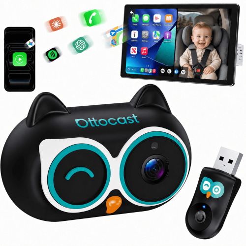 Ottocast Baby Car Camera with Car Screen Display, Wireless CarPlay Adapter, 1080P No-Glow Night Vision, Split-Screen Navigation, 150° Wide-Angle View