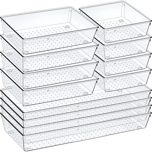 12 Pack Clear Plastic Drawer Organizer Set, Acrylic Non Slip Non Cracking Kitchen Drawer Storage Tray Large Size Divider, Multifunctional Storage for Cosmetics, Bathroom, Tools, Kitchen and Office