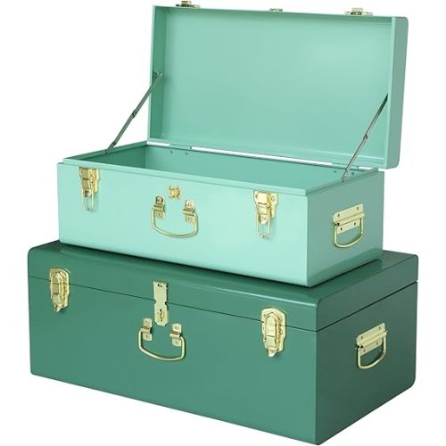 Vixdonos Decorative Large Metal Box Storage Trunk Chest Set of 2 College Dorm Organizer with Hardware Hasps and Handle for Home Deocr,23.7X14.2X9.5 Inches