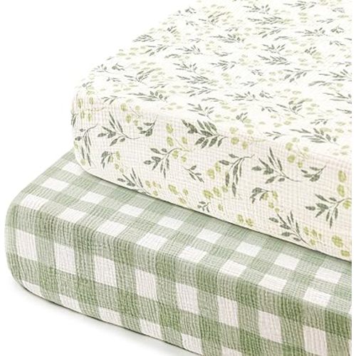 100% Cotton Muslin Crib Sheet 2 Pack - Breathable & Ultra-Soft Fitted Crib Sheets for Standard Baby & Toddler Mattresses, 52"x28" with 9" Deep Pocket, Snug Fit All-Around Elastic