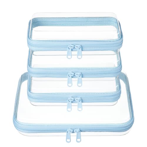 4 pcs Clear Zipper Pouches,Hard Shell Zipper Case, Toiletry Bag for Travel | CLear Diaper Bag, Toiletry Pouch, Travel Organizer, Cosmetic Bag,Toy Storage Bins (M+3S) (Baby Blue)