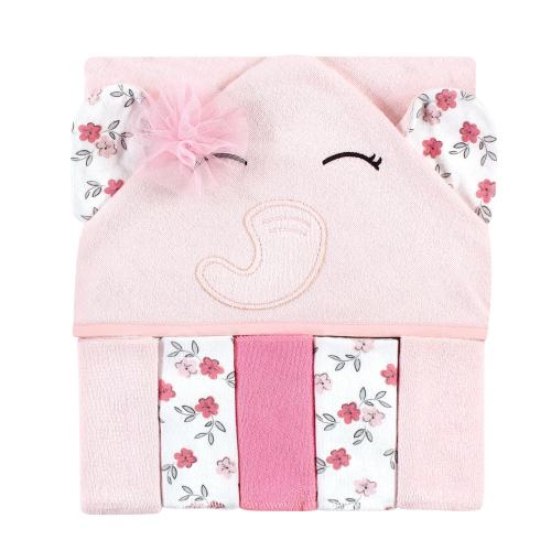 Hudson Baby Infant Girl Hooded Towel and Five Washcloths, Floral Pretty Elephant, One Size - Floral Pretty Elephant - One Size
