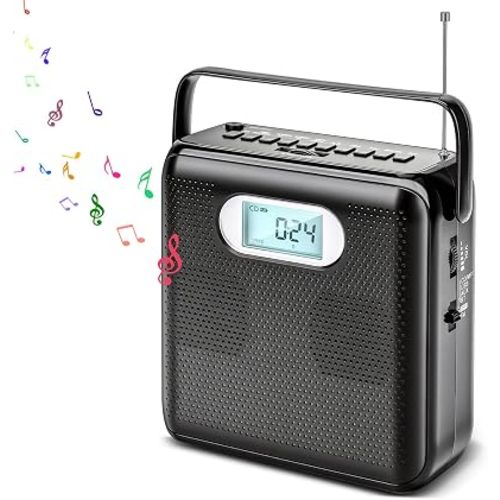 Portable CD Player with Bluetooth, Built-in Stereo Speakers, A-B Repeat & Speed Control, FM Radio Boombox with USB Transcription, AUX/Headphone Jack & LCD Display for Home