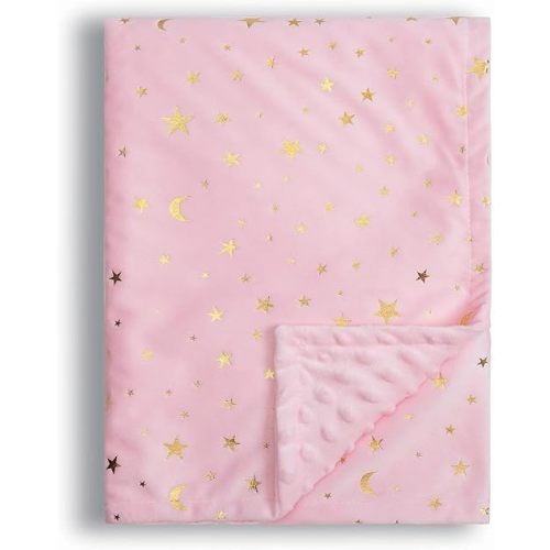 Baby Blanket for Boys Girls Soft Minky with Double Layer Dotted Backing, Star and Moon Printed 30 x 40 Inch Receiving Blanket (Pink)