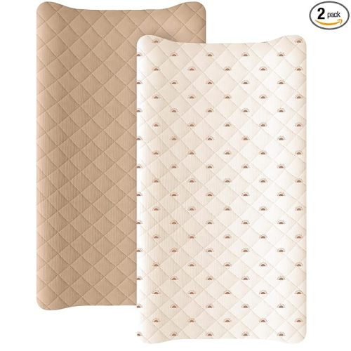 Konssy Waterproof Muslin Changing Pad Cover 2 Pack, Quilted Cotton Fitted Diaper Chang Table Cover, Soft Changing Pad Sheets for Girls Boys (Camel,Sun)