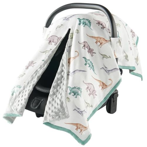 Car Seat Cover Baby, Snap Peekaboo Opening Infant Car Seat Cover for Winter, Multi-Use as Stroller Cover, Nursing Cover and Baby Blanket for Boys Girls (Dinosaur)