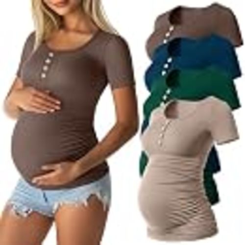 4 Pack Womens Short Sleeve Maternity Shirts | Cotton Summer Pregnancy Tops, Henley Button Maternity Clothes, Ribbed Fitted Tshirt for Work, Scoop Neck Casual Dress Outfits